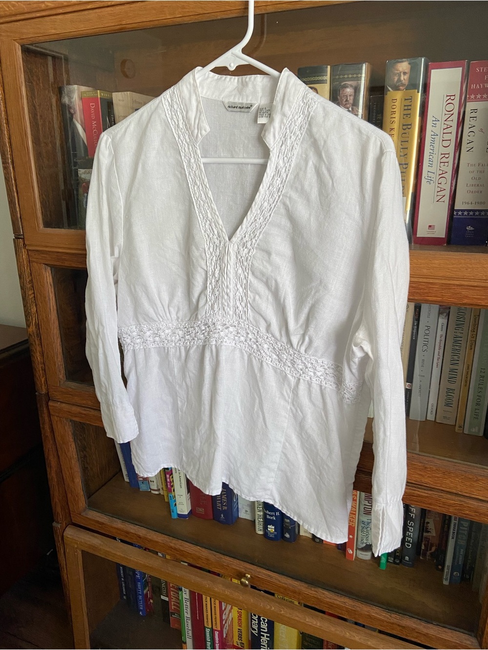 White Linen Blouse with Embroidered Trim